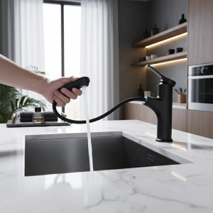 Robinet de lavabo de salle de bains noir, robinet d&rsquo;évier de cuisine extractible, eau chaude et froide, mitigeur d&rsquo;évier de cuisine, accessoires de salle de bains