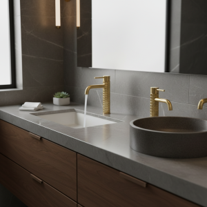 Robinets de lavabo de salle de bains en or brosse, mitigeur d’évier sculpté en Art, robinet d’eau de grue de lavabo gris monté sur le pont chaud et froid Robinets de lavabo de salle de bains en or brosse, mitigeur d’évier sculpté en Art, robinet d’eau de grue de lavabo gris monté sur le pont chaud et froid