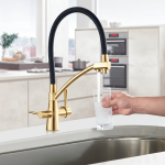 Plan d&rsquo;évier de cuisine rainuré en or brossé, eau pure, rotation à 360 °, centre commercial, purification chaude et froide