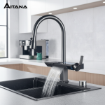 Robinet de cuisine gris en laiton avec affichage numérique de luxe, design pull-out, sortie d&rsquo;eau en cascade, poignée unique, froid et chaud, 2 robinets de commande