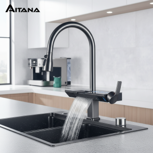Robinet de cuisine gris en laiton avec affichage numérique de luxe, design pull-out, sortie d&rsquo;eau en cascade, poignée unique, froid et chaud, 2 robinets de commande