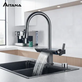 Robinet de cuisine gris en laiton avec affichage numérique de luxe