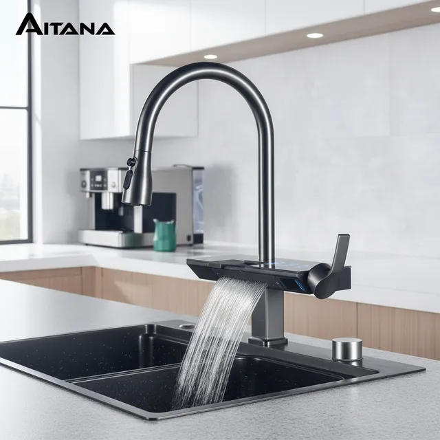 Robinet de cuisine gris en laiton avec affichage…
