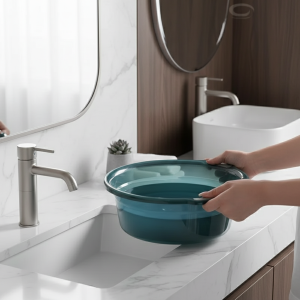 bassine antidérapante multifonctionnelle moderne minimaliste transparente plastique teintée bleu vert cristalline parois rigides bords larges poignées ergonomiques légère grande entretienfacile