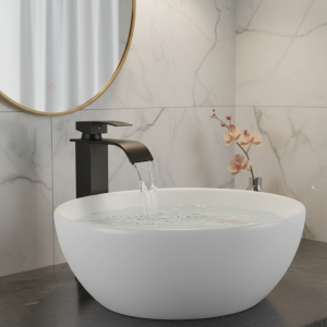 Mitigeur vasque surélevé noir mat design moderne minimaliste corps carré élancé bec plat cascade jet doux monocommande levier