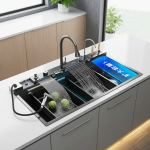 Évier de Cuisine en Acier Inoxydable avec Affichage Numérique, Grand Filles Unique, Cascade, Pluie, Système Canonique 5