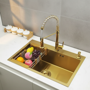évier cuisine inox SUS304 doré rectangulaire simple bonde intégrée mitigeur ressort douchette extractible distributeur savon panier égouttoir extensible évier cuisine inox SUS304 doré rectangulaire simple bonde intégrée mitigeur ressort douchette extractible distributeur savon panier égouttoir extensible
