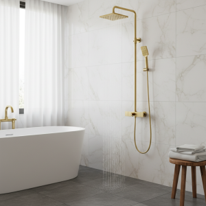 Ensemble de douche en or avec brosse, pommeau de douche doré de luxe, robinet de centre commercial, bain chaud et froid Ensemble de douche en or avec brosse, pommeau de douche doré de luxe, robinet de centre commercial, bain chaud et froid