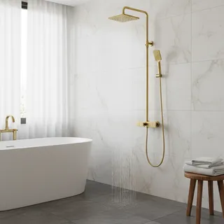 Colonne douche thermostatique dorée pommeau carré pluie douchette main…