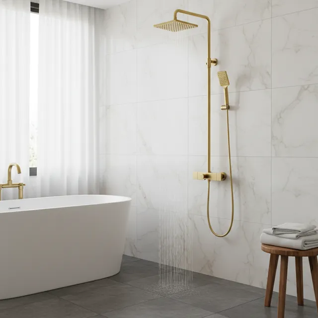 Colonne douche thermostatique dorée pommeau carré pluie…