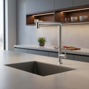 Pistolet de cuisine en acier inoxydable 304, rotation à 360 °, eau froide et chaude, surface du corps, brossé, gris, document doré, poignée unique