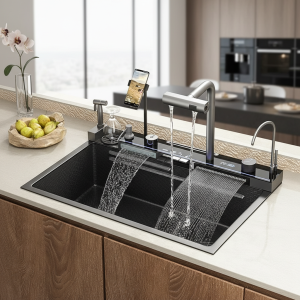 Évier de cuisine cascade en acier inoxydable 304, grand fente unique, lavabo en relief à affichage numérique, évier de vaisselle domestique