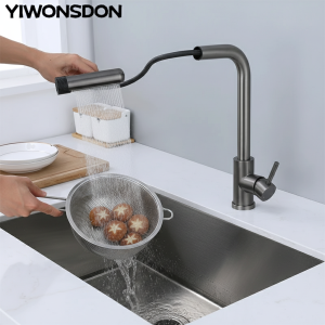 Robinets de cuisine gris, 6 modes, Rotation extractible, cascade, tête de pulvérisation à jet noir, mélangeur d&rsquo;évier, accessoire de robinet d&rsquo;eau en nickel brossé
