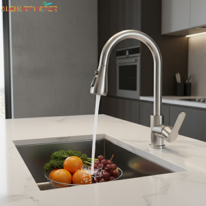 Tête d&rsquo;évier de cuisine en acier inoxydable, trou unique, bec côtelé, robinet de centre commercial, pulvérisateur à flux, rotation à 304 degrés, 360