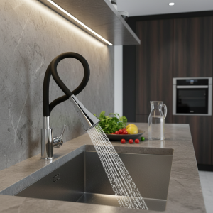 Robinet de cuisine mural Flexible rotatif à 360 degrés, Chrome poli, 2 Modes, robinets d&rsquo;évier d&rsquo;eau chaude et froide, noir argenté