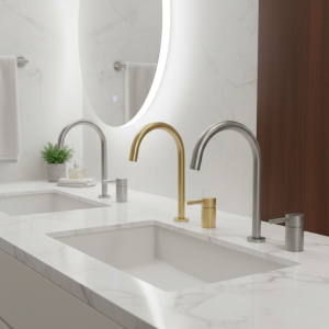 Robinet de lavabo de salle de bains en acier inoxydable, montage sur pont, bec rotatif à 360 degrés, mitigeur chaud et froid à poignée unique, grue, robinet séparé Robinet de lavabo de salle de bains en acier inoxydable, montage sur pont, bec rotatif à 360 degrés, mitigeur chaud et froid à poignée unique, grue, robinet séparé