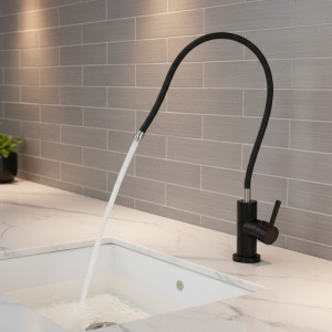 Robinet de filtre à eau de cuisine pliable, noir flexible, positions pures, plié au hasard, droit Robinet de filtre à eau de cuisine pliable, noir flexible, positions pures, plié au hasard, droit