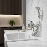 Robinet de cuisine mural en acier inoxydable, bec rotatif à 360 degrés, robinet de lavabo de salle de bains, eau chaude et froide, double trou avec tête de pulvérisation