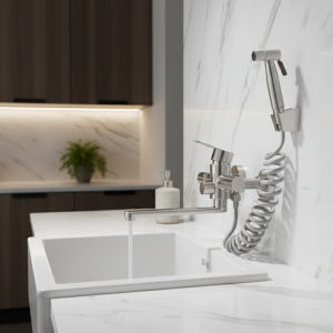 Robinet de cuisine mural en acier inoxydable, bec rotatif à 360 degrés, robinet de lavabo de salle de bains, eau chaude et froide, double trou avec tête de pulvérisation