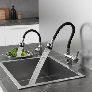 Robinet de cuisine mural rotatif à 360 degrés, Flexible, chromé poli, double Modes, robinets d&rsquo;évier d&rsquo;eau chaude et froide, noir