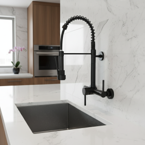 Robinet de cuisine noir mural à poignée unique, mitigeur de cuisine d&rsquo;eau chaude et froide, double bec pivotant, robinets extractibles à ressort