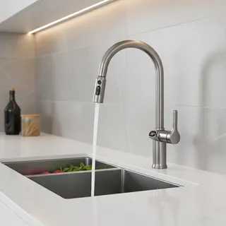 Mitigeur cuisine inox brossé col cygne élancé levier latéral monotrou…