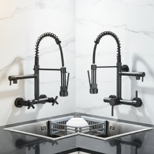 Robinet de cuisine noir, Rotation à 360 degrés, pulvérisateur à main extractible avec boucle, robinets de cuisine muraux, robinets mélangeurs d&rsquo;eau froide et chaude chromés