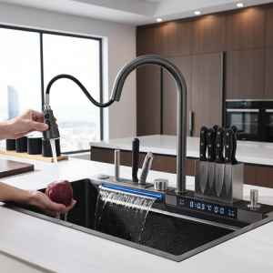 Robinet de cuisine en acier inoxydable 304, cascade, évier de cuisine, grand ensemble de robinets à affichage numérique intégré à fente unique