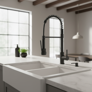 Robinet de cuisine extractible noir double bec 360 °   Robinet mitigeur d&rsquo;eau chaude et froide à Rotation, grue d&rsquo;évier de cuisine montée sur le pont à poignée unique