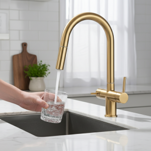 Robinet de cuisine en or brossé, robinet pur extractible, robinet filtré, double poignée, robinets mélangeurs d’eau potable chaude et froide Robinet de cuisine en or brossé, robinet pur extractible, robinet filtré, double poignée, robinets mélangeurs d’eau potable chaude et froide