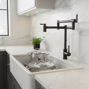 Robinet de cuisine en laiton chromé brossé noir, robinet de remplissage de Pot mural pivotant et rétractable, robinet d’évier rotatif et extensible Robinet de cuisine en laiton chromé brossé noir, robinet de remplissage de Pot mural pivotant et rétractable, robinet d’évier rotatif et extensible