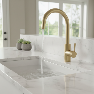Robinet d&rsquo;évier à 2 fonctions, comme indiqué dans la figurine, robinet en or brossé, débit de 1.8 GPM, Construction ABS, forme de colonne moderne
