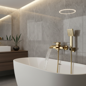 Système de douche mural avec bec, robinet de baignoire en or, chute d’eau, centre commercial d’eau chaude et froide, ensemble de douche HOBath Système de douche mural avec bec, robinet de baignoire en or, chute d’eau, centre commercial d’eau chaude et froide, ensemble de douche HOBath