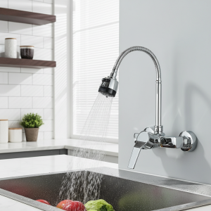 Robinet de cuisine mural chromé à double trou, mitigeur d&rsquo;eau chaude et froide sans plomb, barboteur de pulvérisation à 360 degrés, tuyau Flexible