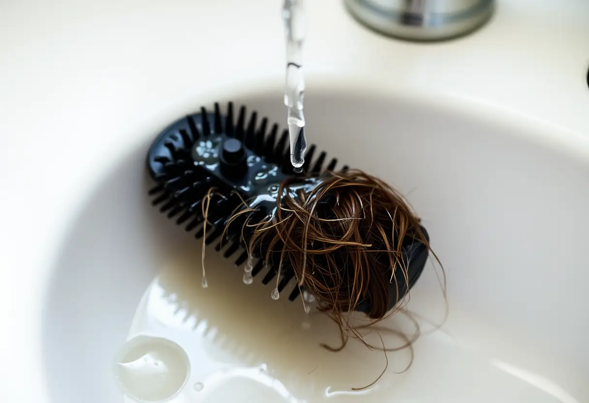 Brosse à cheveux humide posée sur le meuble de la salle de bains avec de l'eau qui goutte