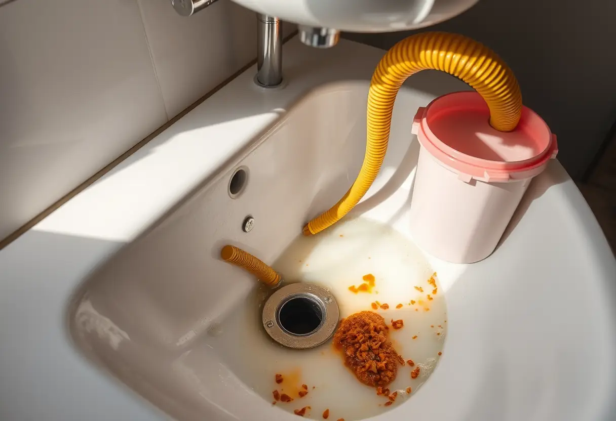 Outils de débouchage dans une salle de bains avec un flexible à déboucher