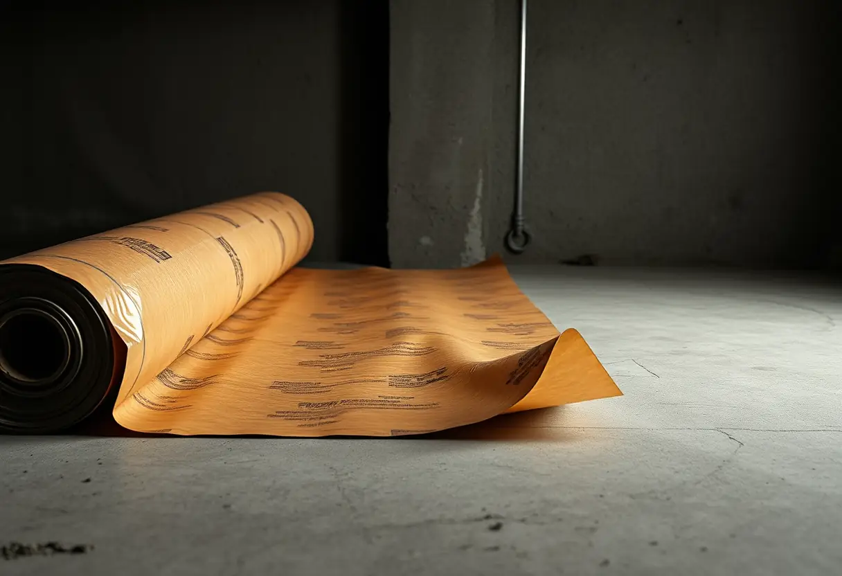 Un rouleau d'amortisseur partiellement déroulé sur un sol en béton, lumière tamisée