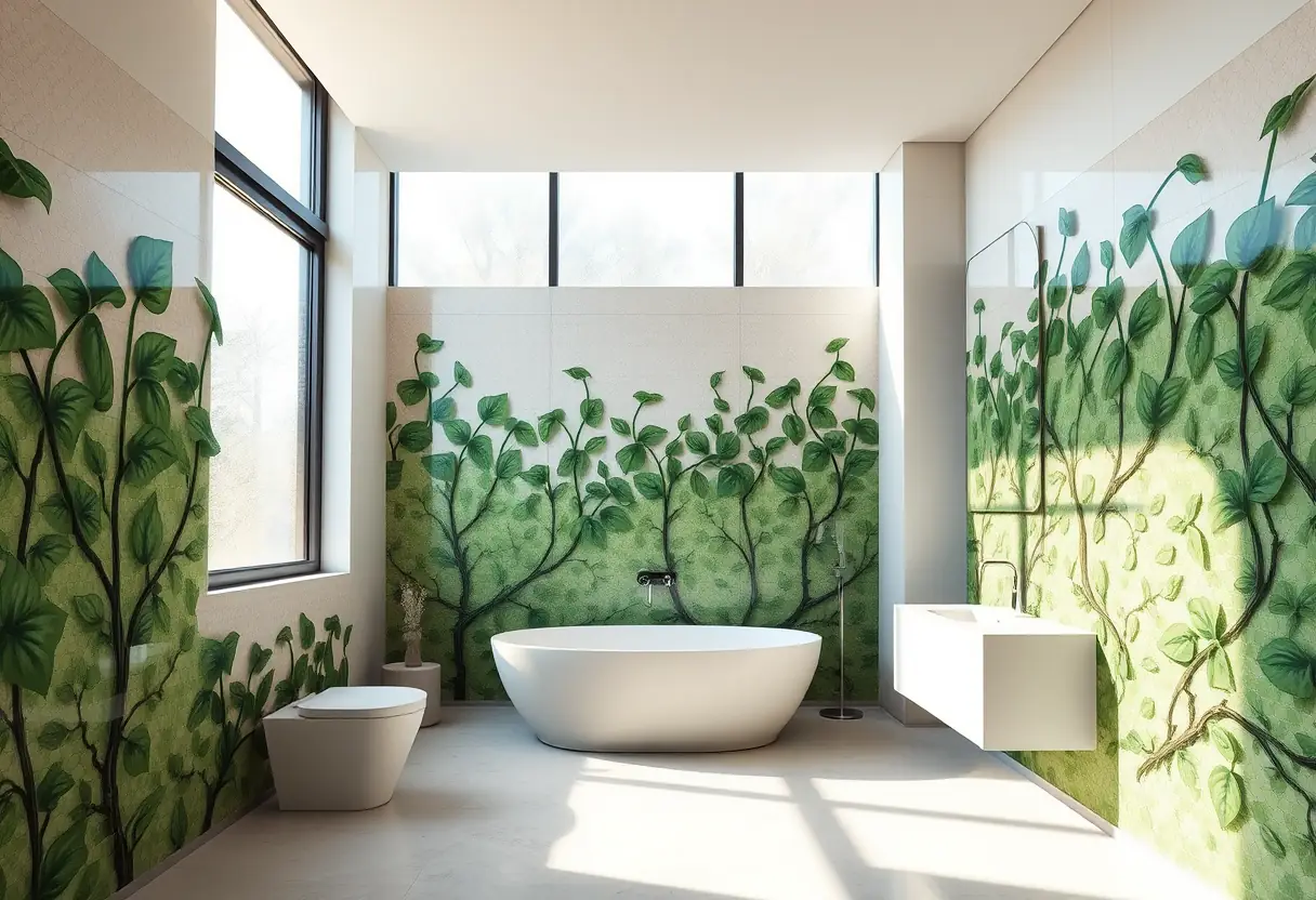 Mural en mosaïque représentant des feuilles et des rameaux dans une salle de bains moderne