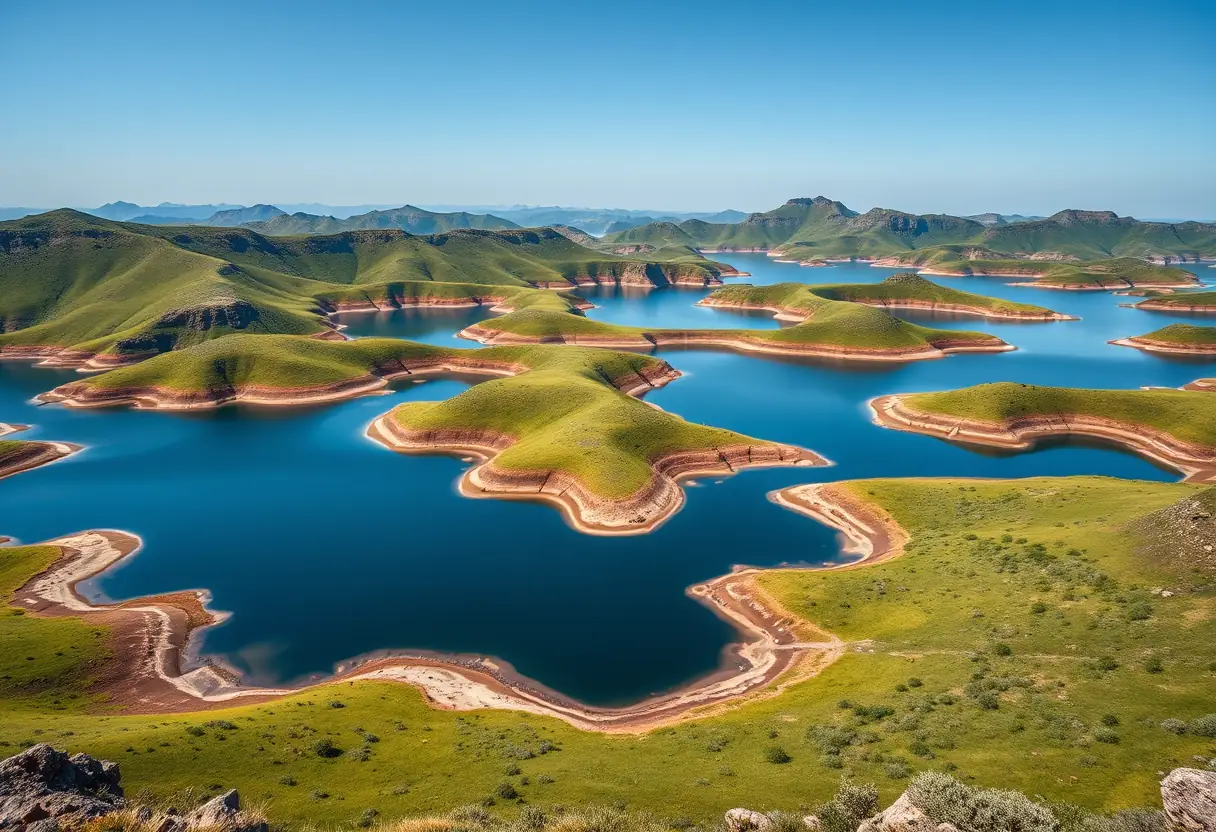 Vue panoramique d'un paysage serein avec des lacs bleus entourés de collines verdoyantes et de rivages terreux