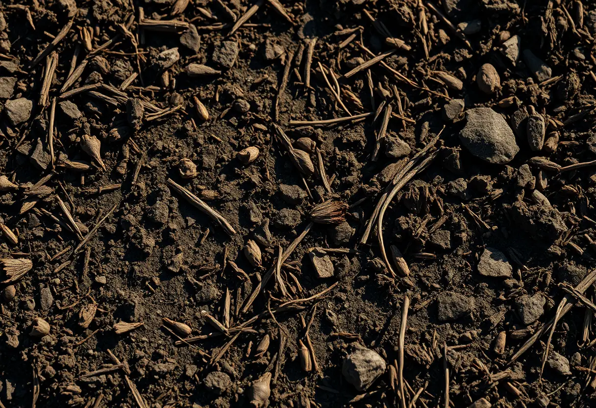 Prise de vue rapprochée du sol après scarification, montrant les couches entremêlées de terre et de débris végétaux, éclairées par la lumière douce du matin